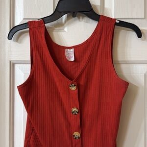Ribbed V-Neck Tank with Button Front — Rust Red